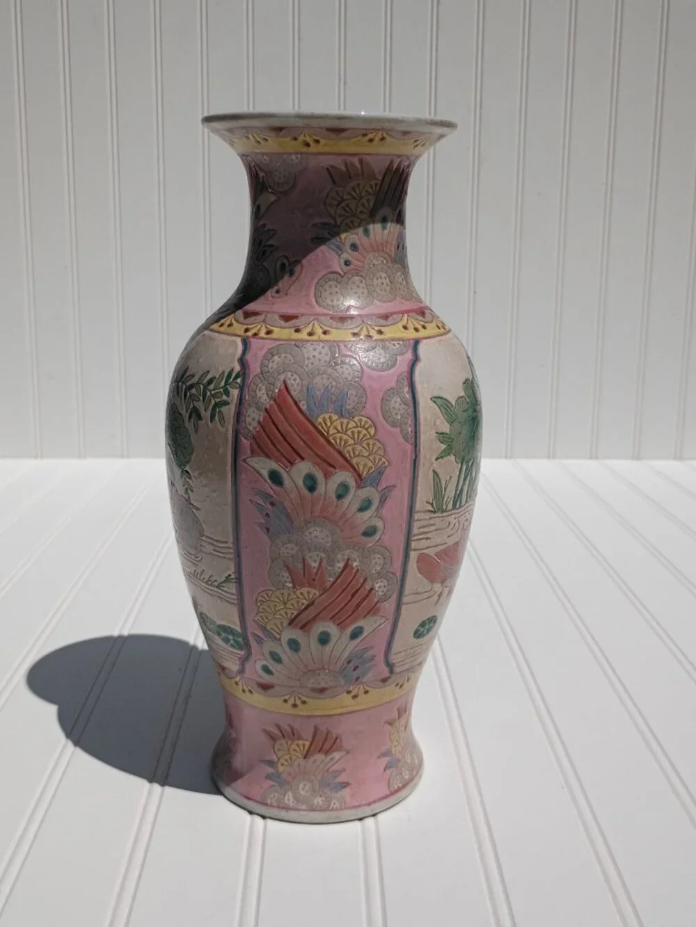 Vintage Pink Porcelain Vase Famille Rose Mandarin Ducks Lotus Flowers Chinese